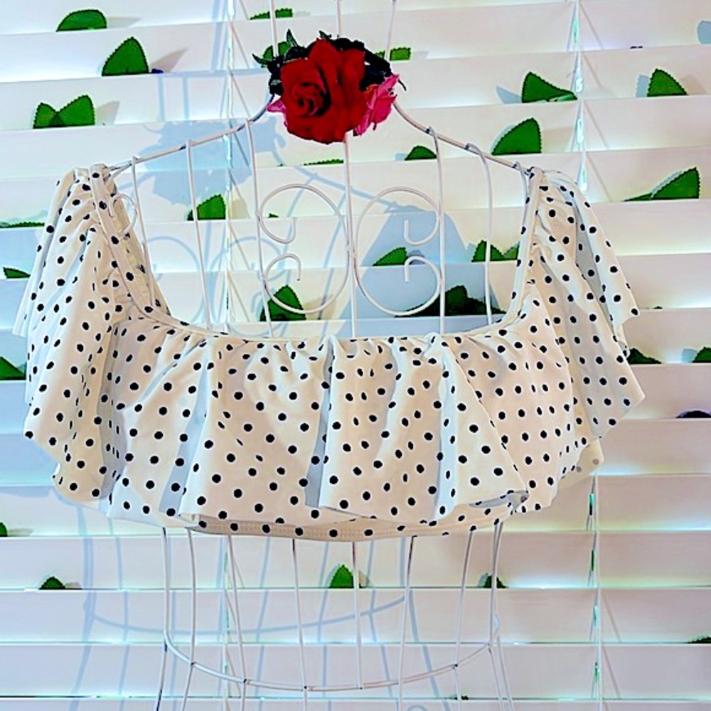 White bikini swim top with black pin dots